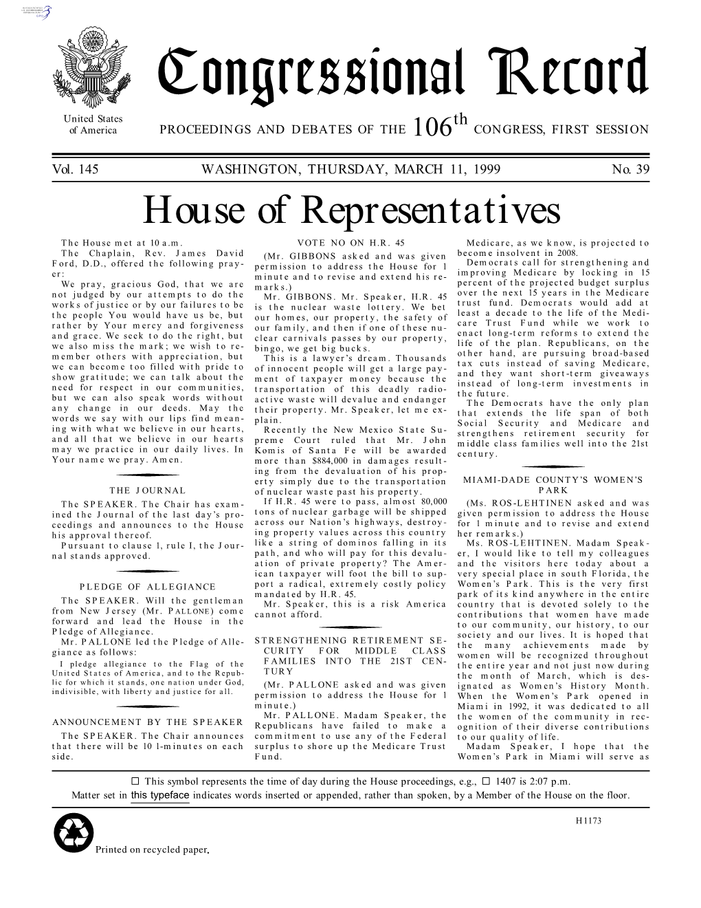 Congressional Record United States Th of America PROCEEDINGS and DEBATES of the 106 CONGRESS, FIRST SESSION