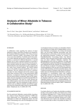 Analysis of Minor Alkaloids in Tobacco: a Collaborative Study* By