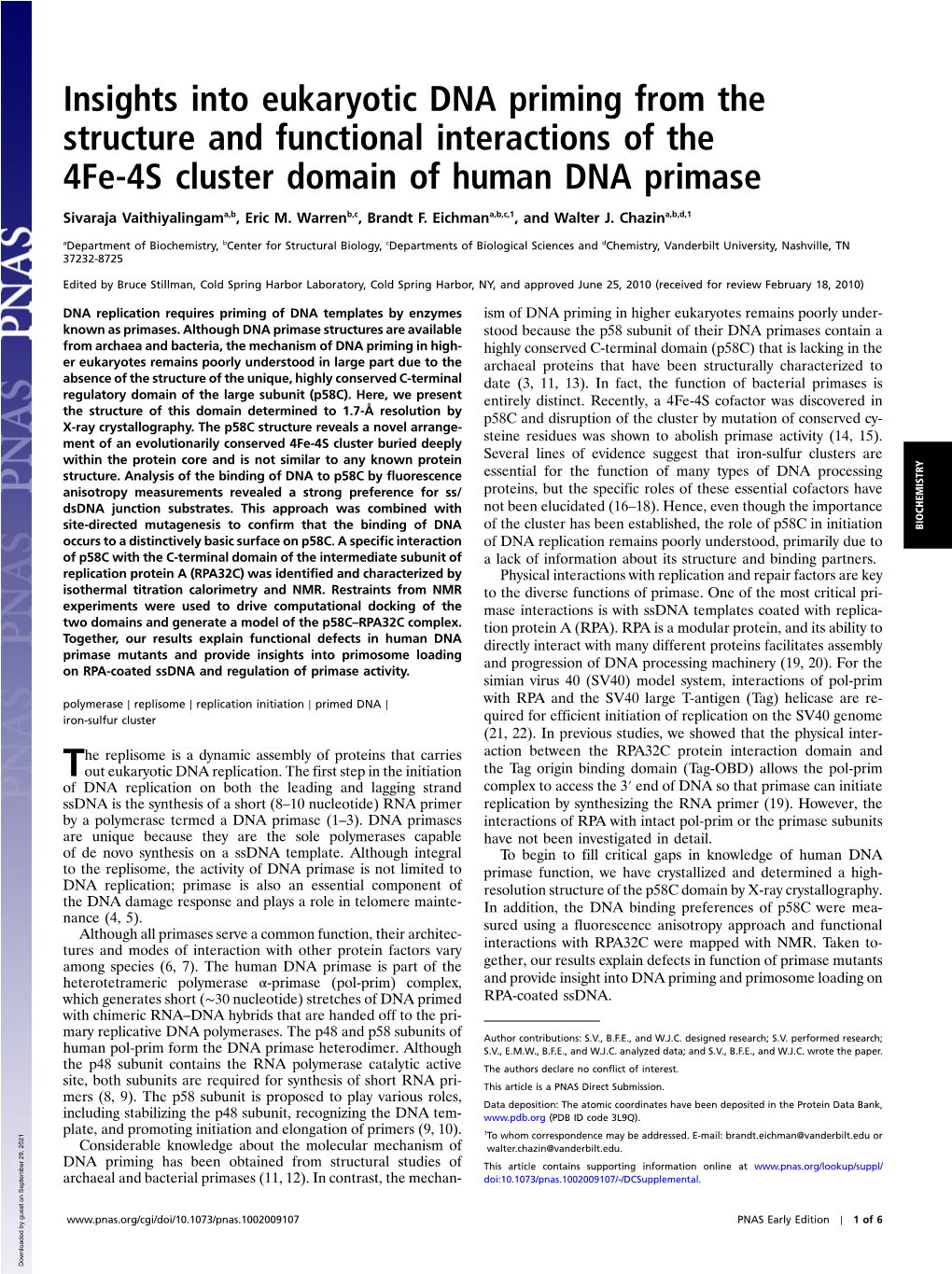 Insights Into Eukaryotic DNA Priming from the Structure and Functional Interactions of the 4Fe-4S Cluster Domain of Human DNA Primase