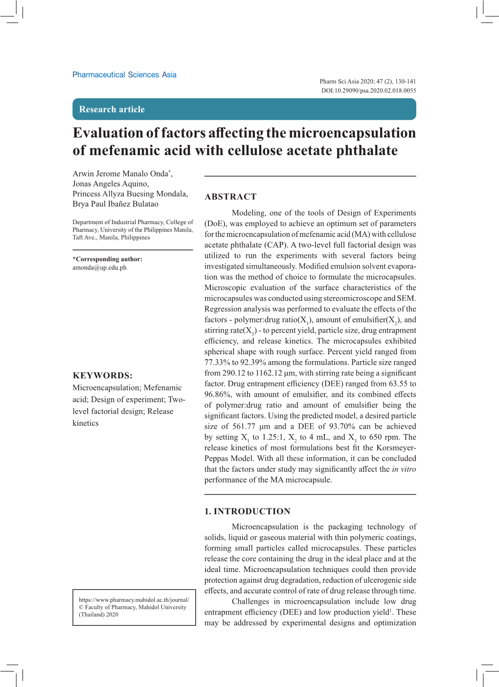 Evaluation of Factors Affecting the Microencapsulation of Mefenamic Acid with Cellulose Acetate Phthalate