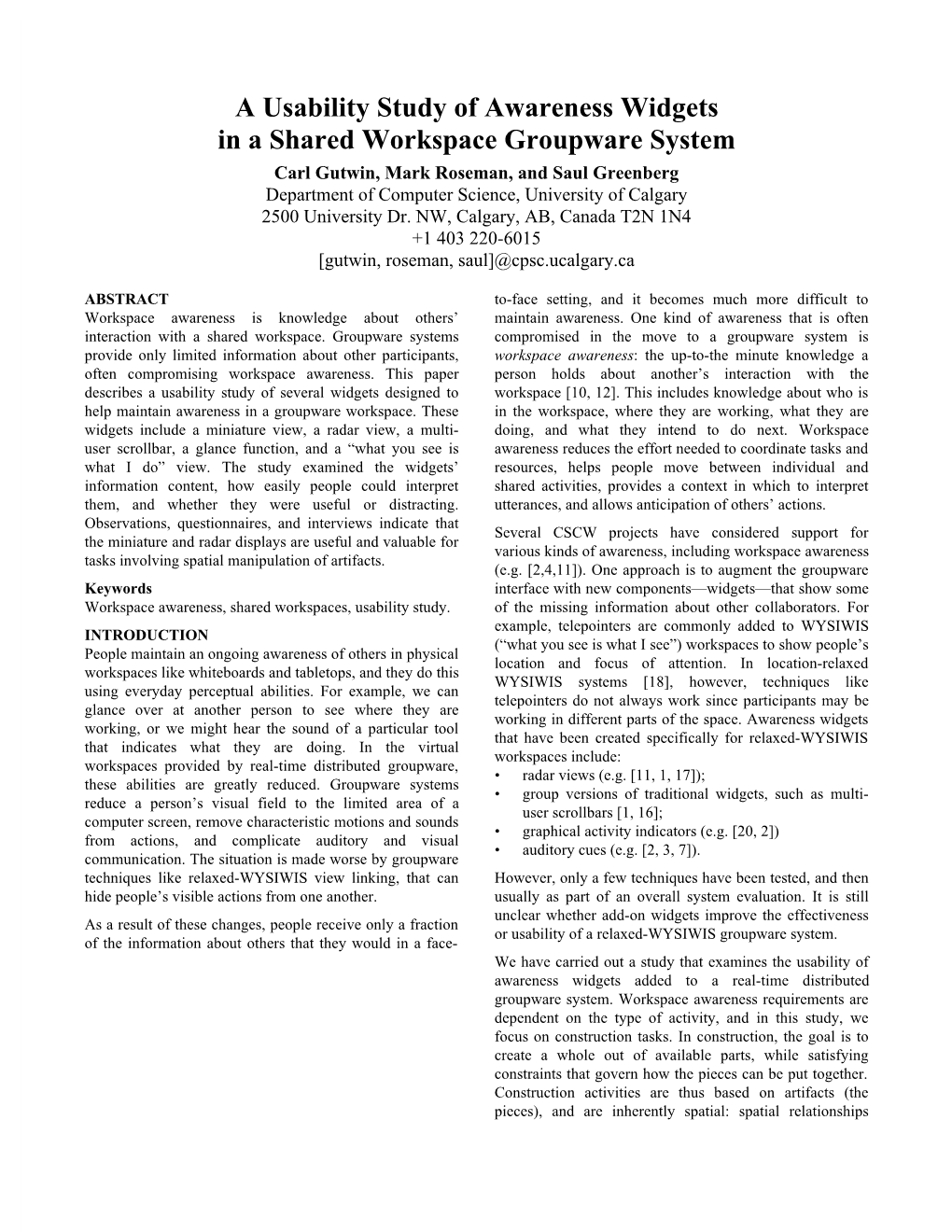 A Usability Study of Awareness Widgets in a Shared Workspace