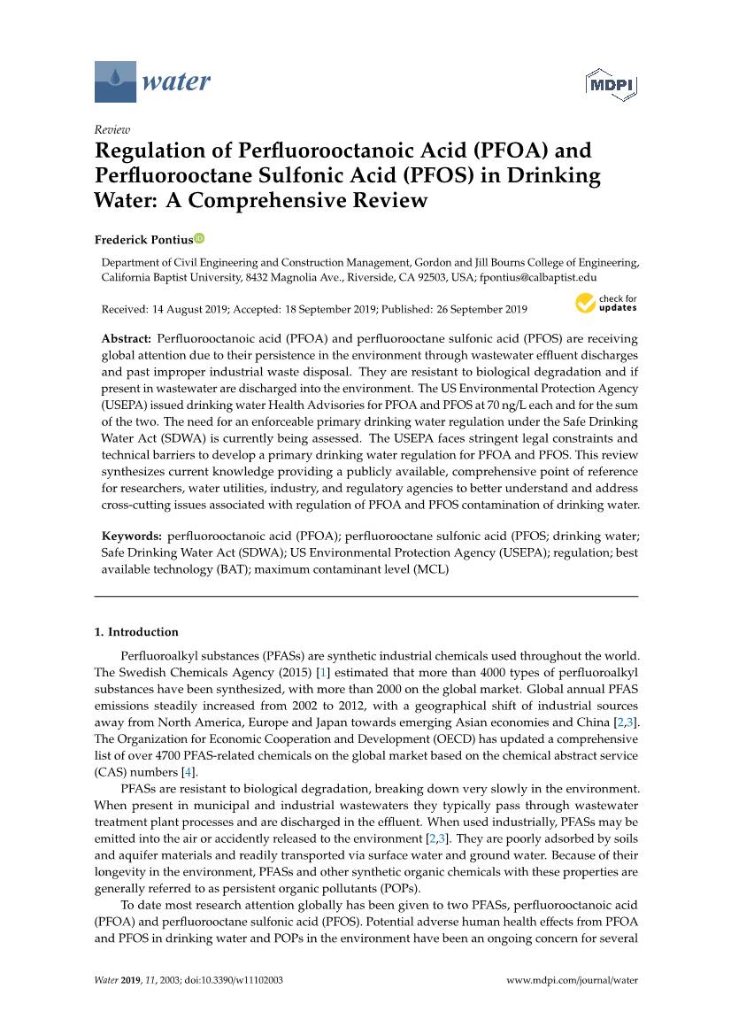 (PFOA) and Perfluorooctane Sulfonic Acid (PFOS) in Drinking Water