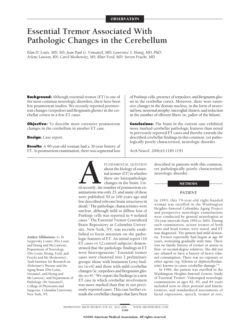 Essential Tremor Associated with Pathologic Changes in the Cerebellum