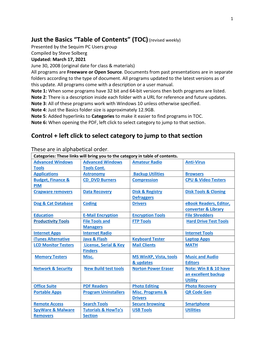 Just the Basics “Table of Contents”