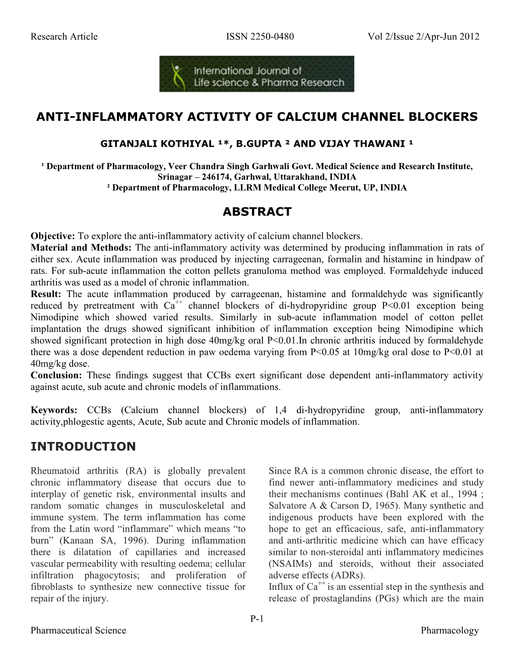 Anti-Inflammatory Activity of Calcium Channel Blockers