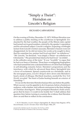 “Simply a Theist”: Herndon on Lincoln's Religion