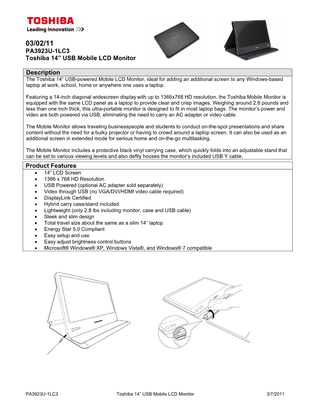 PA3923U-1LC3 Toshiba 14” USB Mobile LCD Monitor Description