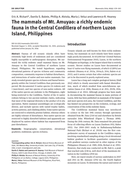 The Mammals of Mt. Amuyao: a Richly Endemic Fauna in the Central Cordillera of Northern Luzon Island, Philippines