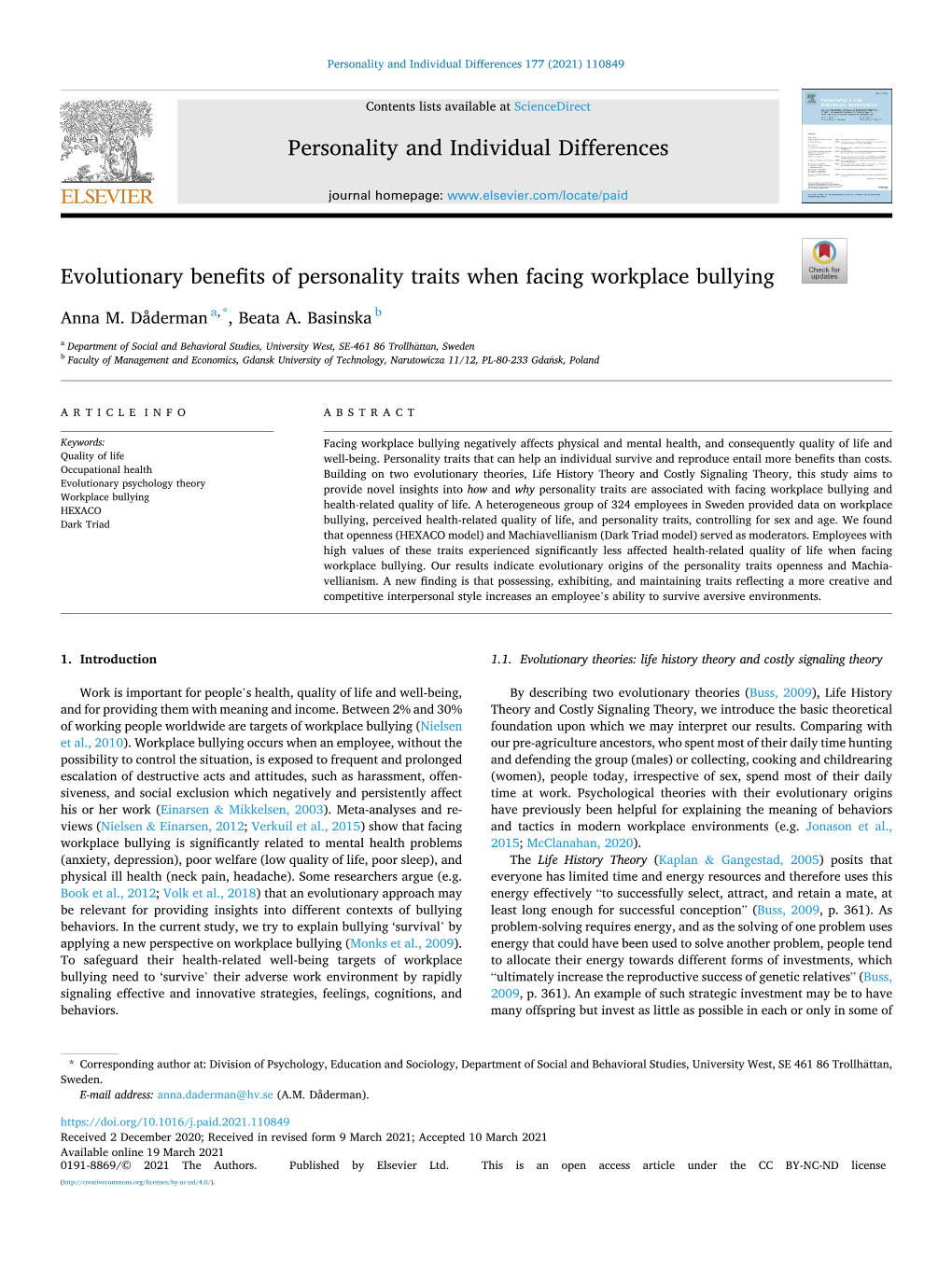 Evolutionary Benefits of Personality Traits When Facing Workplace Bullying