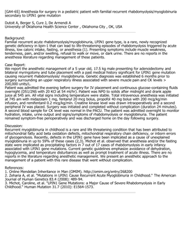 Anesthesia for Surgery in a Pediatric Patient with Familial Recurrent Rhabdomyolysis/Myoglobinuria Secondary to LPIN1 Gene Mutation