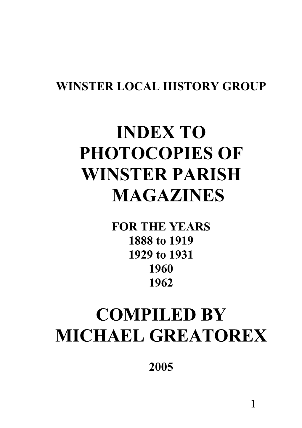 Index to Photocopies of Winster Parish Magazines