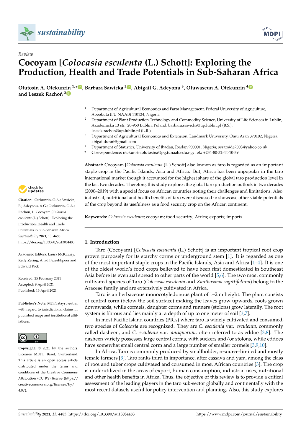 Cocoyam [Colocasia Esculenta (L.) Schott]: Exploring the Production, Health and Trade Potentials in Sub-Saharan Africa