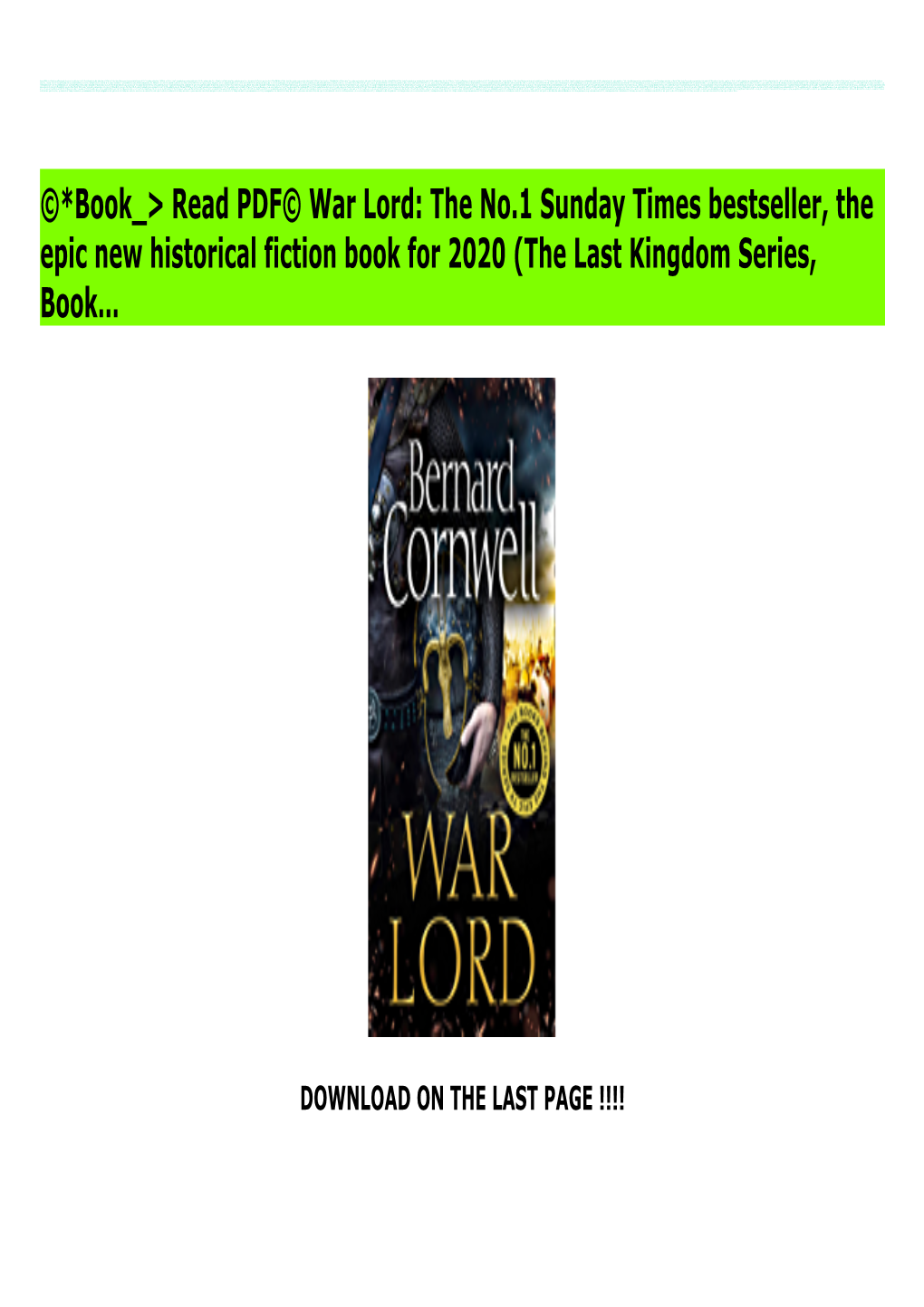 ©*Book &gt; Read PDF© War Lord: the No.1 Sunday Times Bestseller, the Epic New Historical Fiction Book for 2020 (The Last King