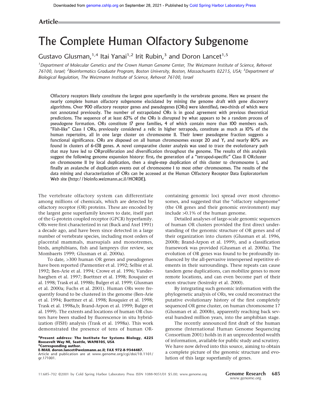 The Complete Human Olfactory Subgenome