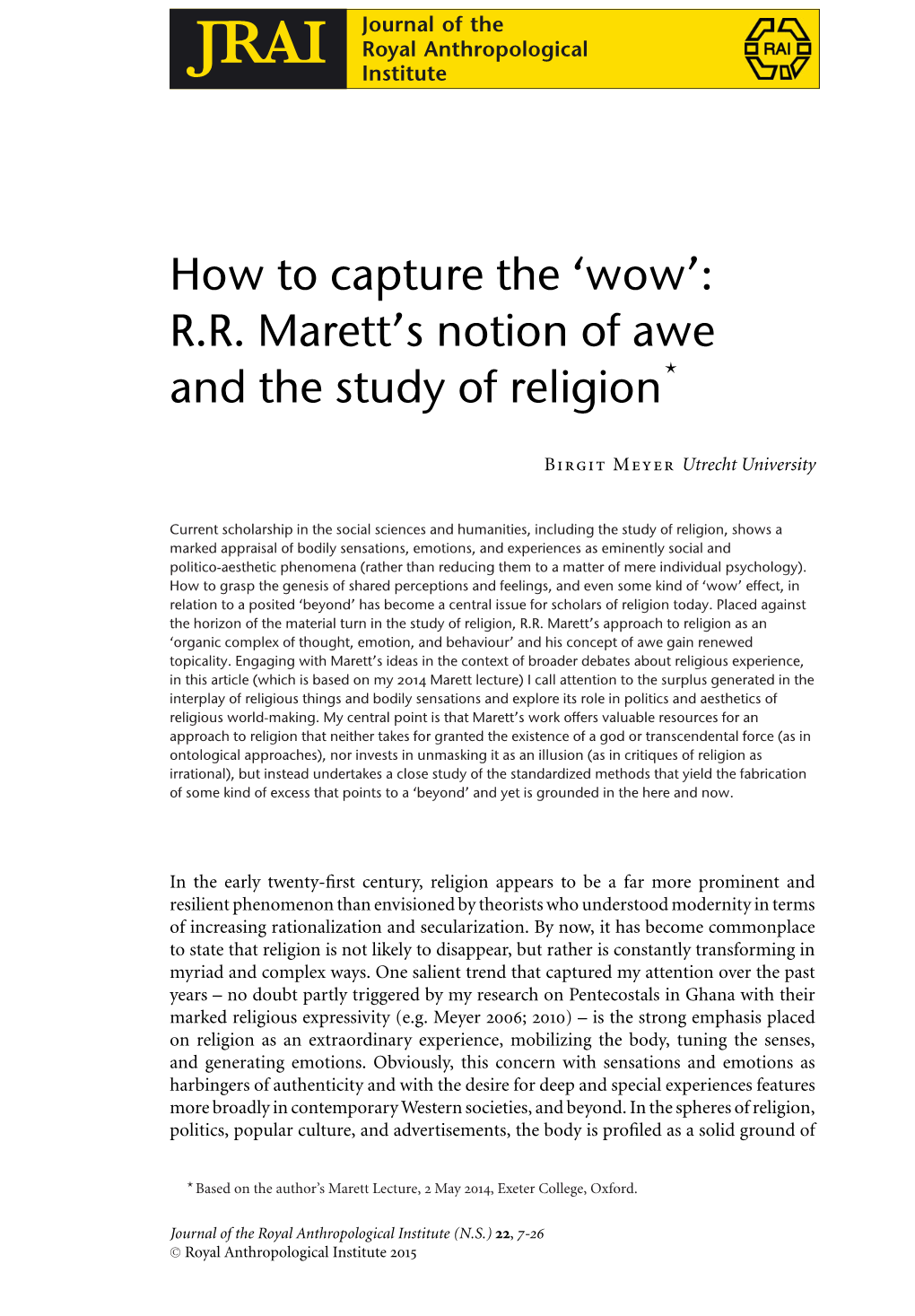 'Wow': RR Marett's Notion of Awe and the Study of Religion