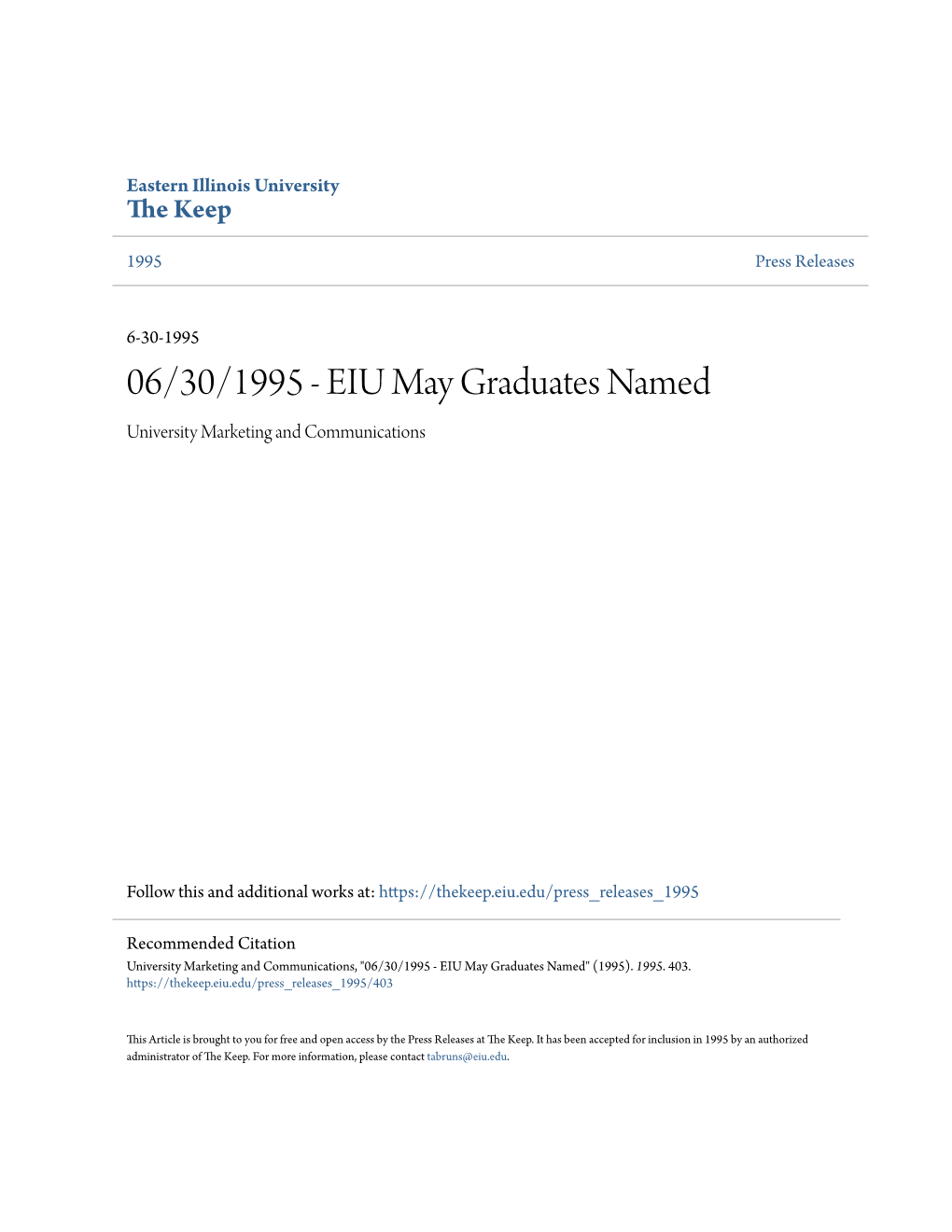 06/30/1995 - EIU May Graduates Named University Marketing and Communications