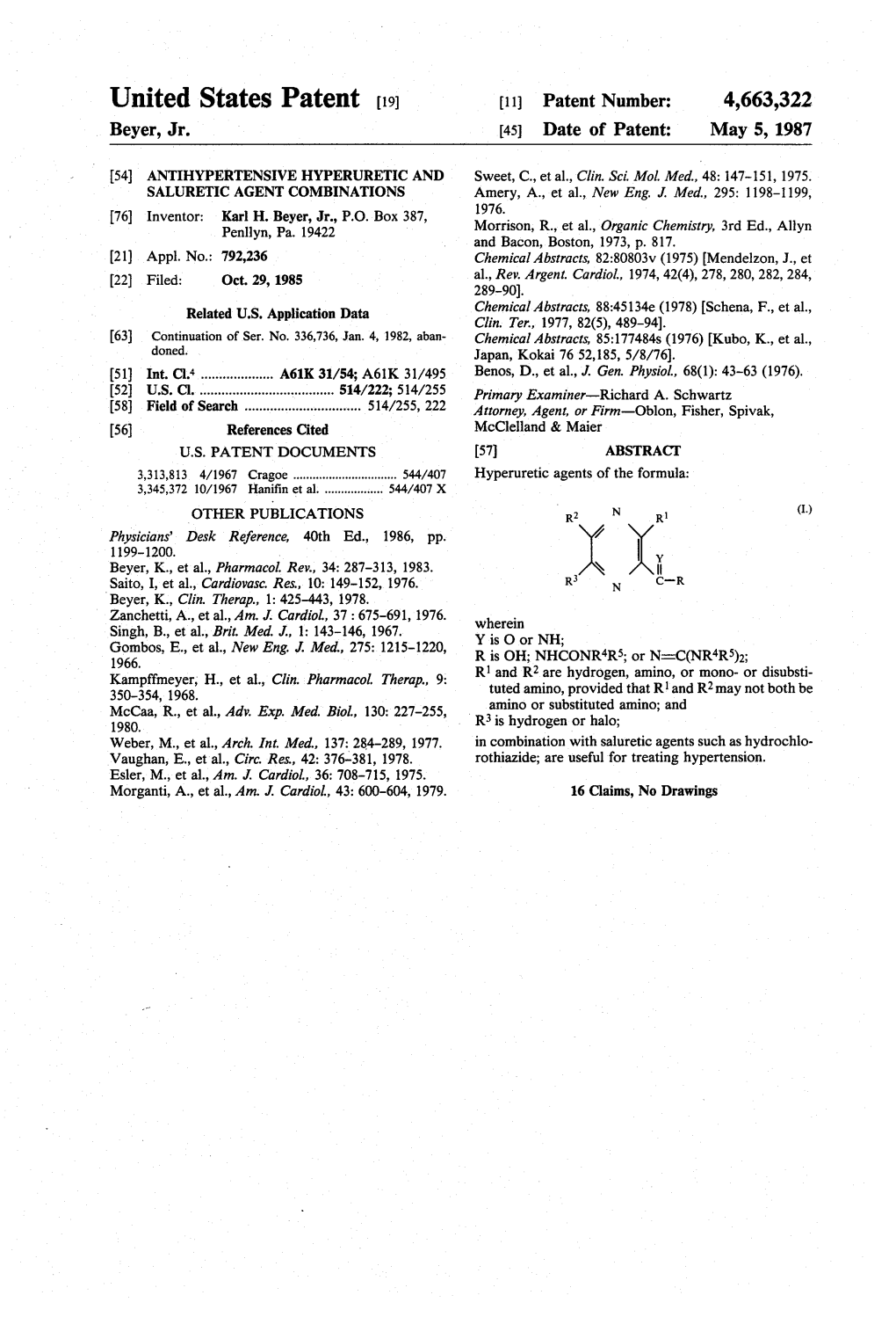 United States Patent (19) 11 Patent Number: 4,663,322 Beyer, Jr
