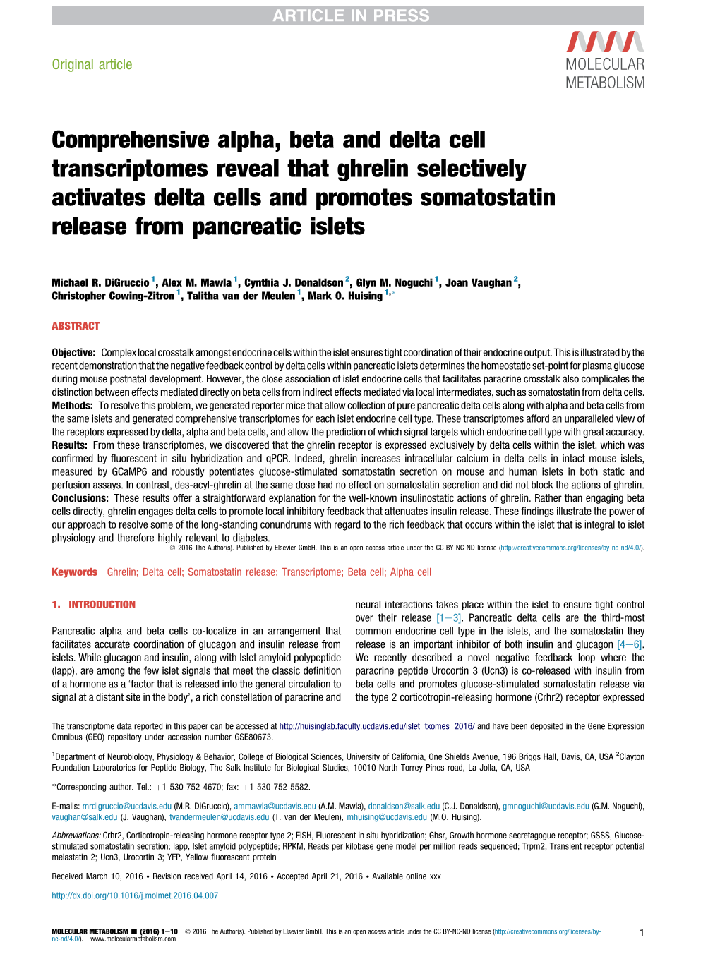 Comprehensive Alpha, Beta and Delta Cell Transcriptomes Reveal That Ghrelin Selectively Activates Delta Cells and Promotes Somatostatin Release from Pancreatic Islets