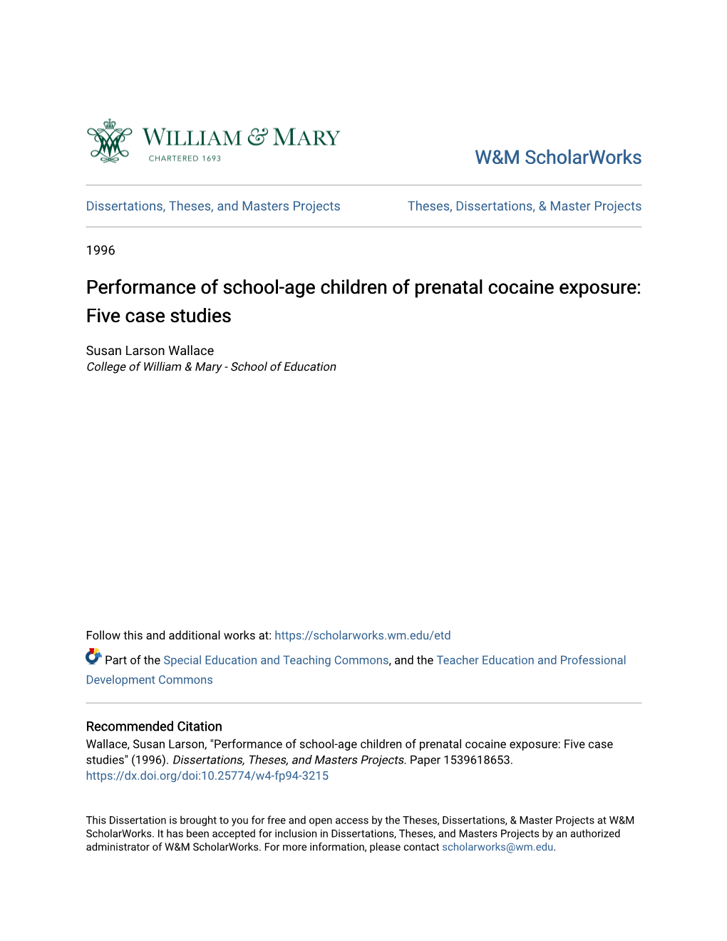 Performance of School-Age Children of Prenatal Cocaine Exposure: Five Case Studies