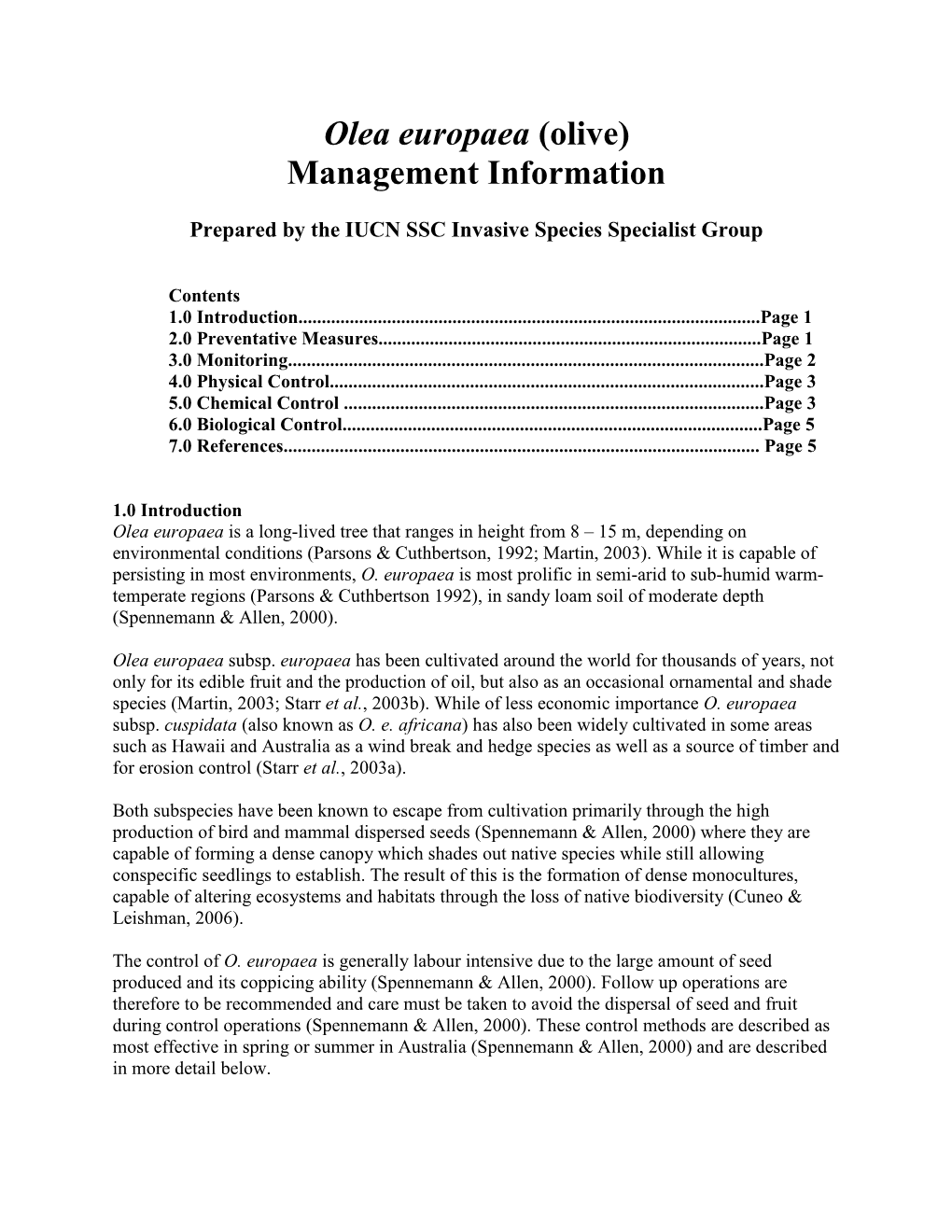 Olea Europaea (Olive) Management Information