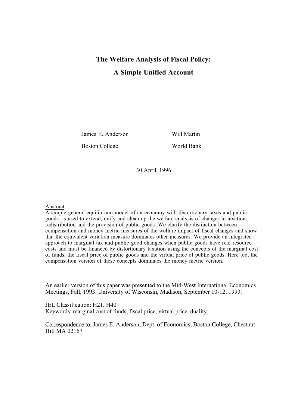 The Welfare Analysis of Fiscal Policy: a Simple Unified Account