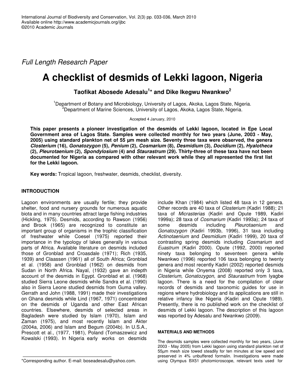 A Checklist of Desmids of Lekki Lagoon, Nigeria