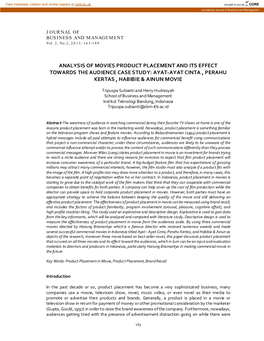 Analysis of Movies Product Placement and Its Effect Towards the Audience Case Study: Ayat-Ayat Cinta , Perahu Kertas , Habibie & Ainun Movie