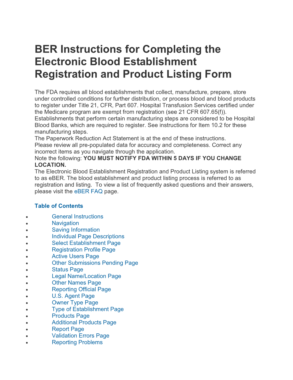 BER Instructions for Completing the Electronic Blood Establishment