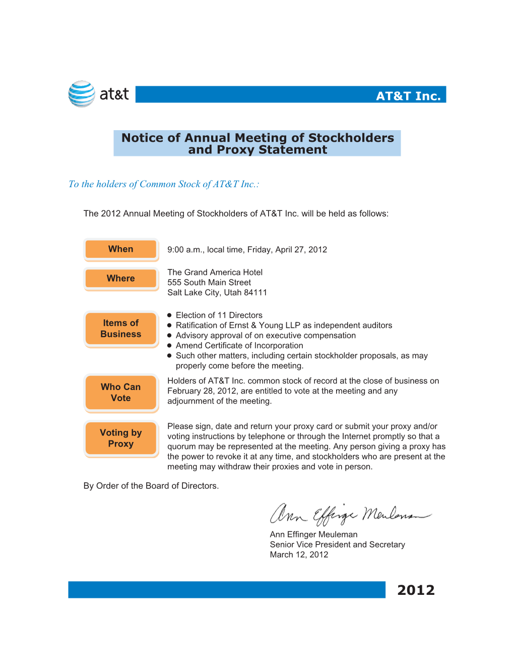 AT&T Inc. Notice of Annual Meeting of Stockholders and Proxy Statement