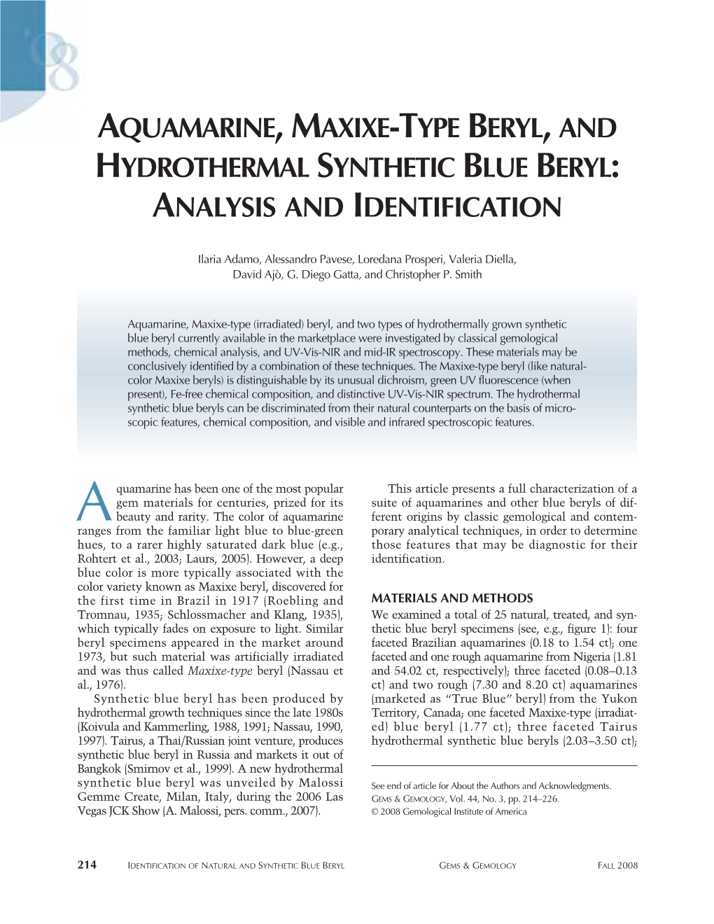 Aquamarine, Maxixe-Type Beryl, and Hydrothermal Synthetic Blue Beryl: Analysis and Identification