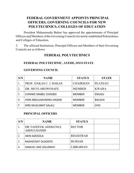 Federal Government Appoints Principal Officers, Governing Councils for New