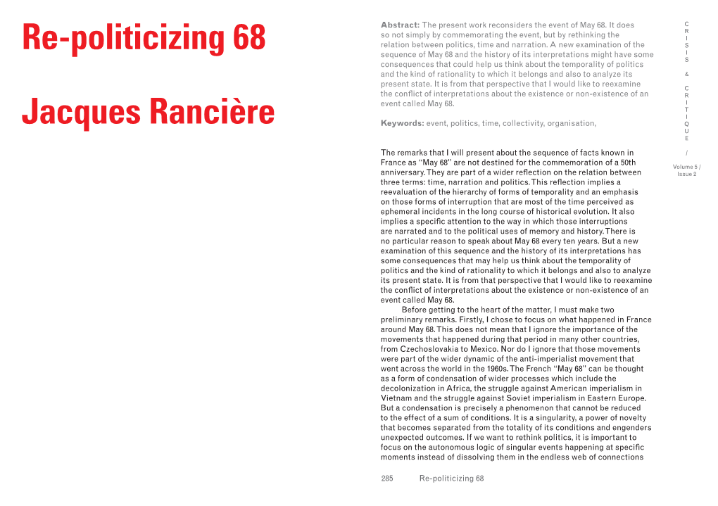 Re-Politicizing 68 Jacques Rancière
