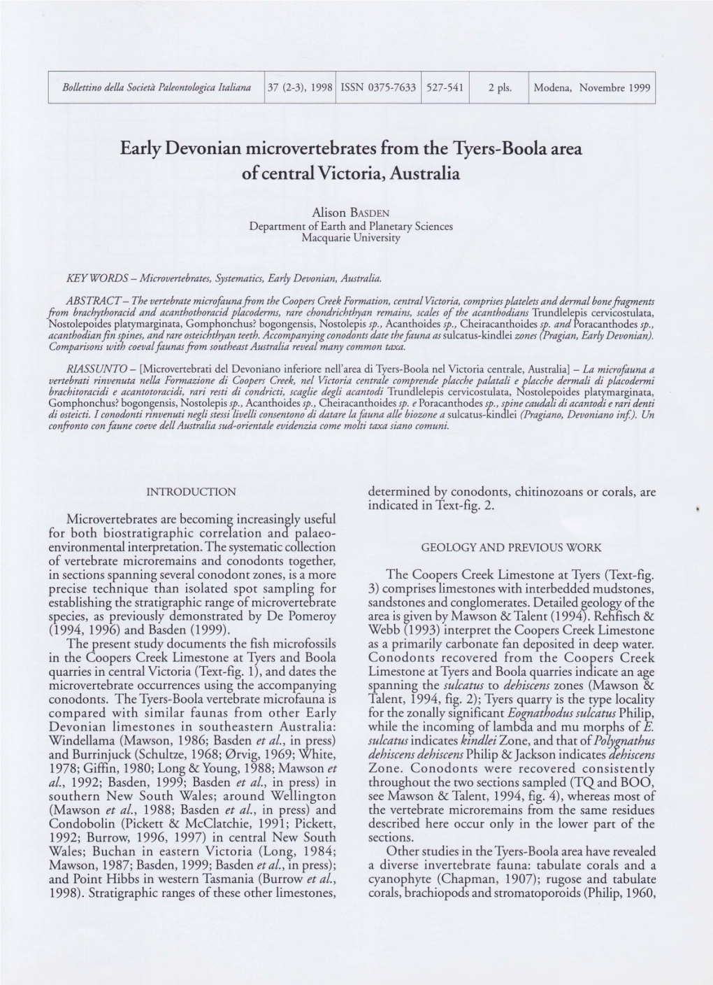 Early Devonian Microvertebrates from the Tyers-Boola Area of Centrai Victoria, Australia