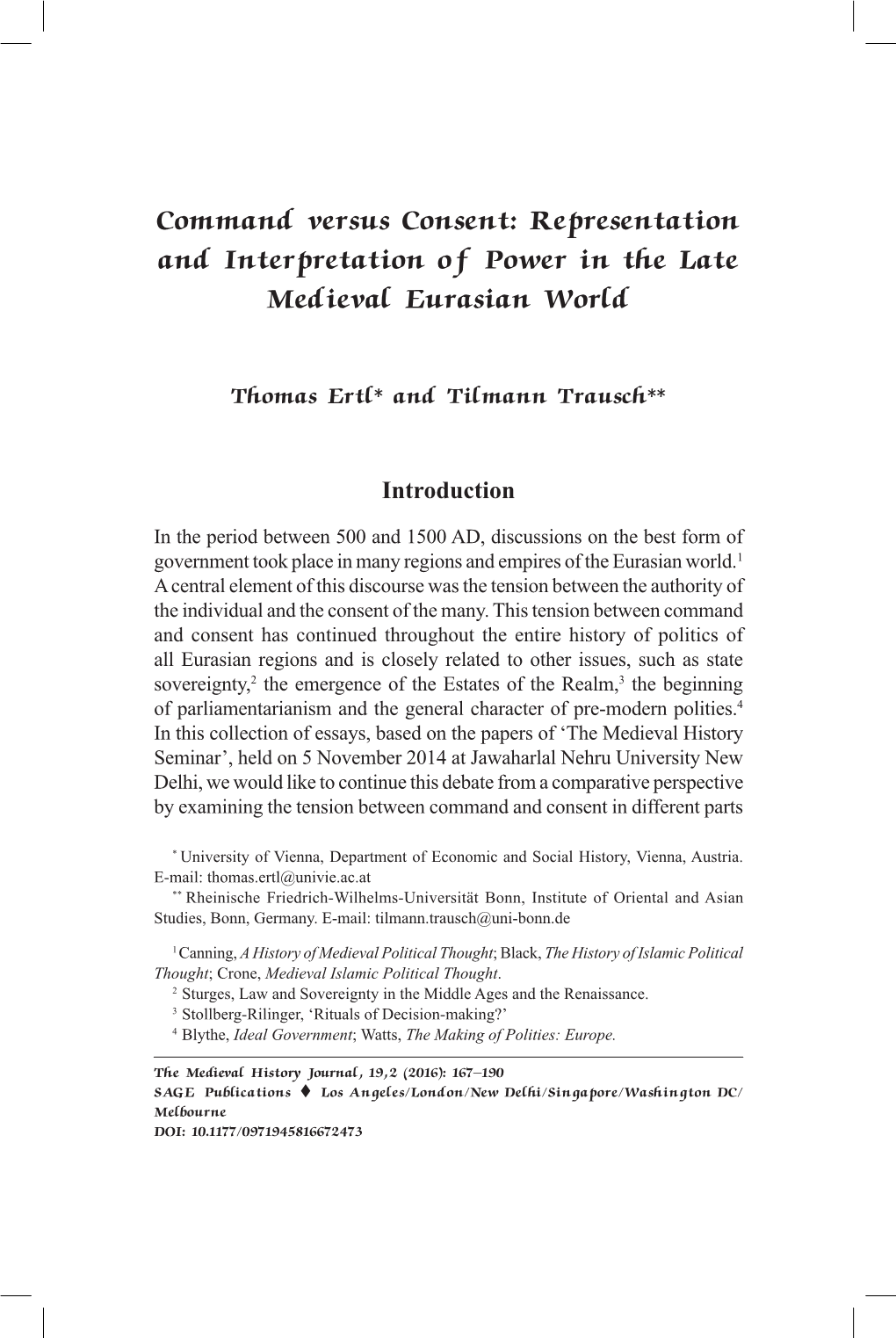 Command Versus Consent: Representation and Interpretation of Power in the Late Medieval Eurasian World