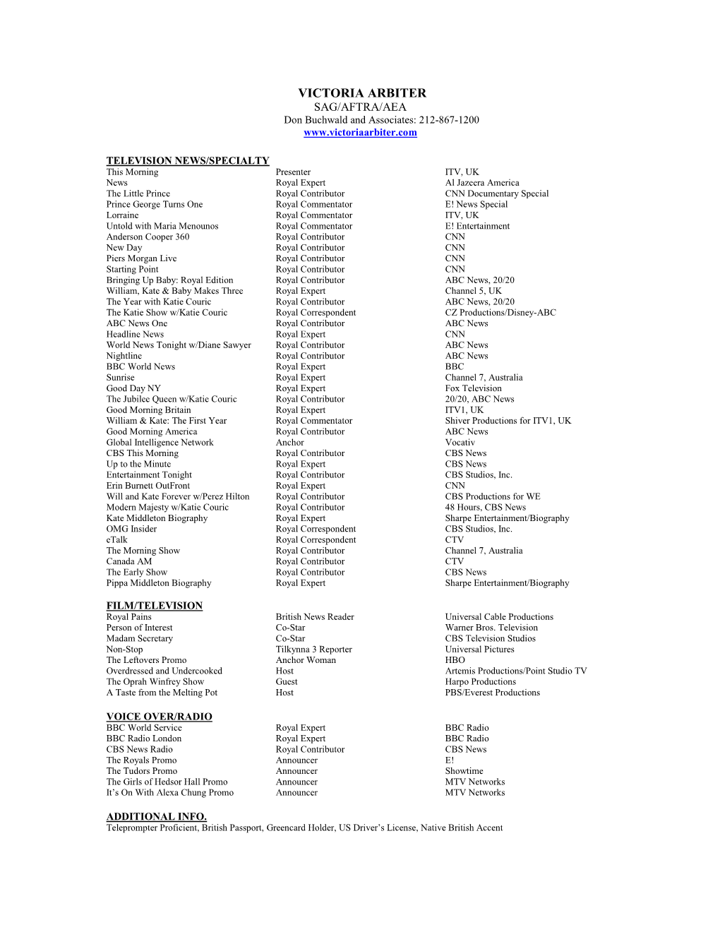 VICTORIA ARBITER SAG/AFTRA/AEA Don Buchwald and Associates: 212-867-1200