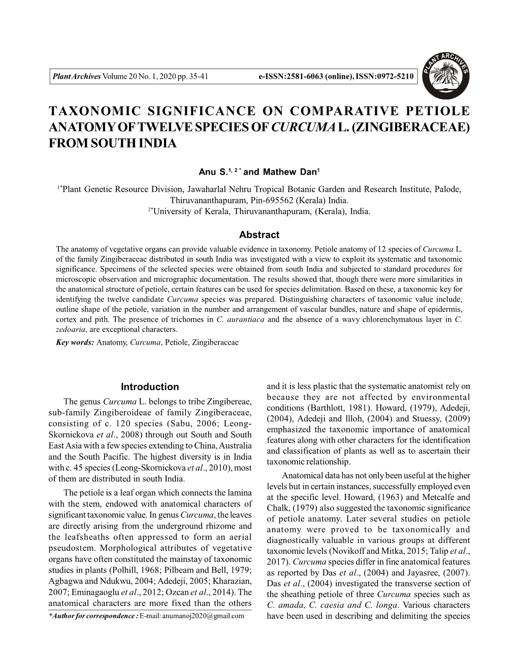 Taxonomic Significance on Comparative Petiole Anatomy of Twelve Species of Curcuma L