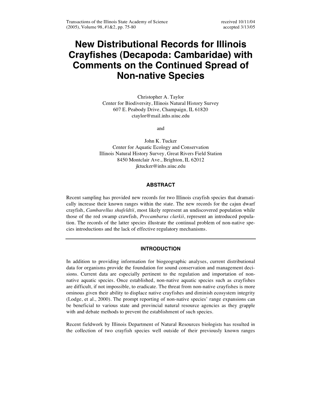 New Distributional Records for Illinois Crayfishes (Decapoda: Cambaridae) with Comments on the Continued Spread of Non-Native Species