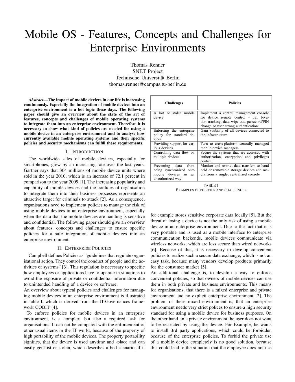 Mobile OS - Features, Concepts and Challenges for Enterprise Environments