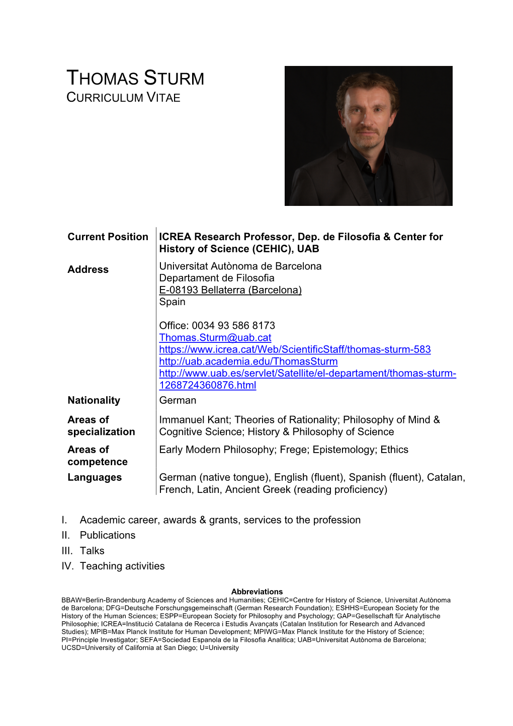 Thomas Sturm Curriculum Vitae