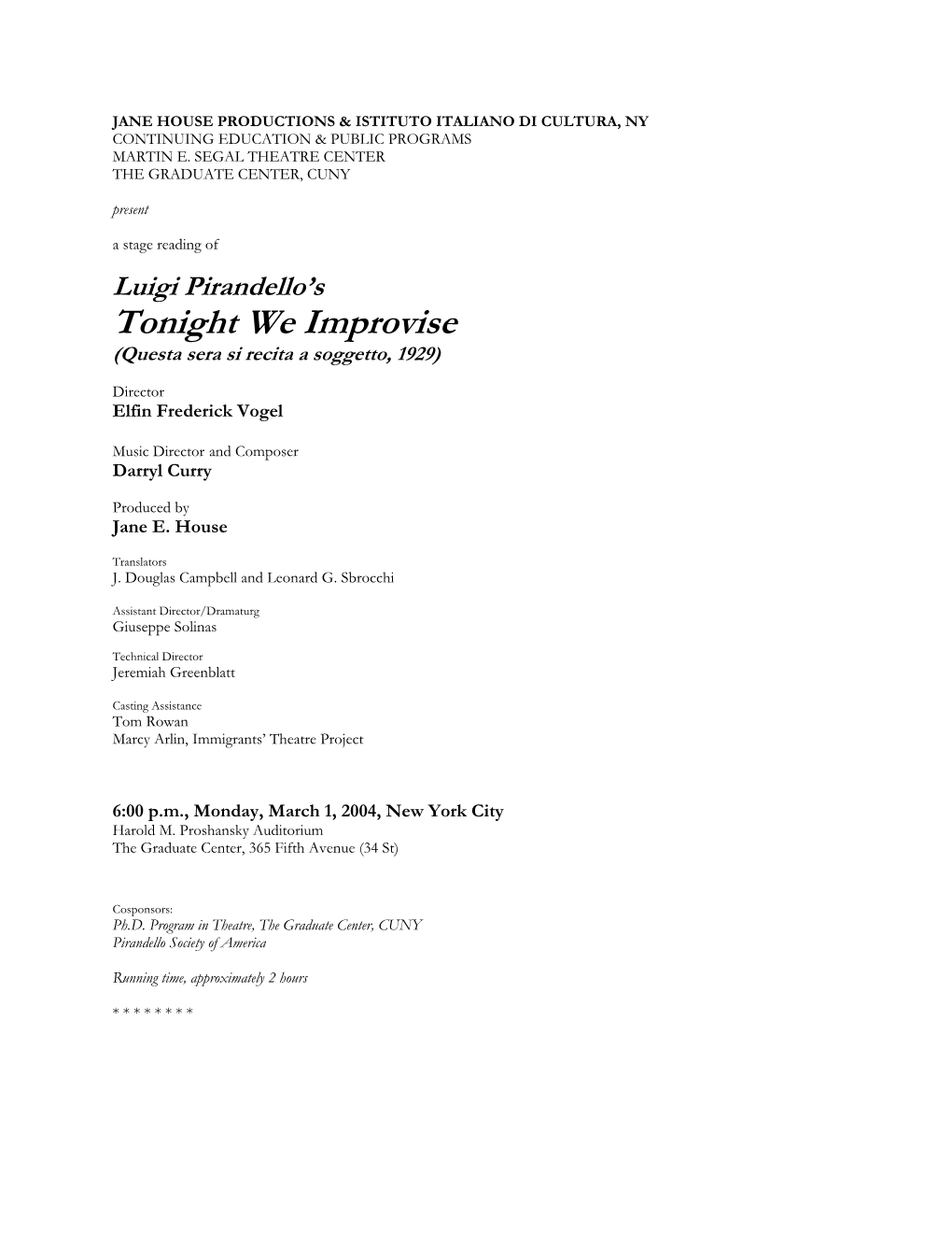 Luigi Pirandello's Tonight We Improvise