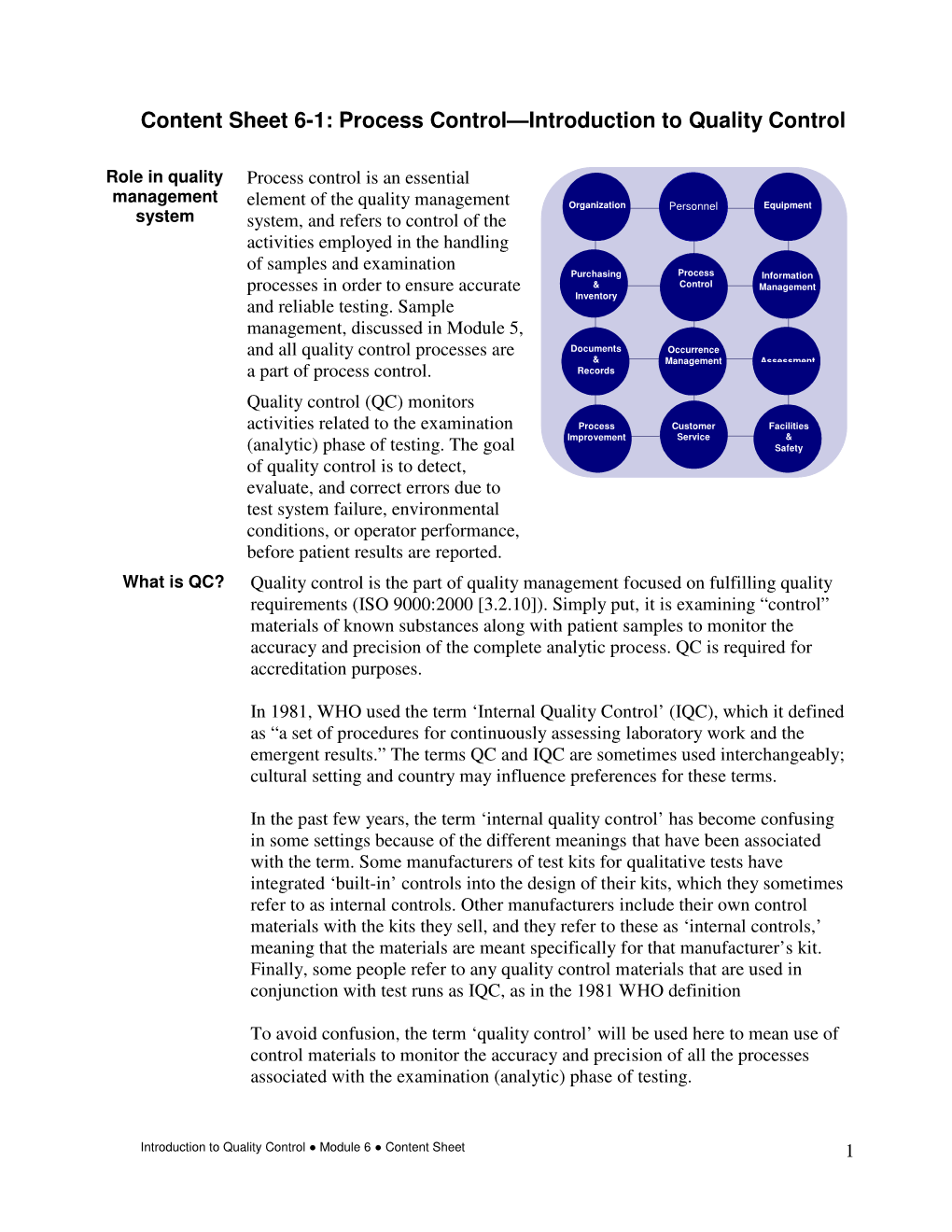 Content Sheet 6-1: Process Control—Introduction to Quality Control