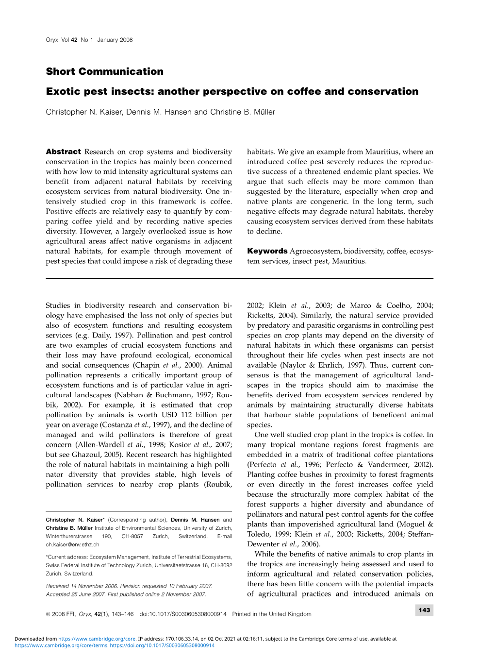 Short Communication Exotic Pest Insects: Another Perspective On