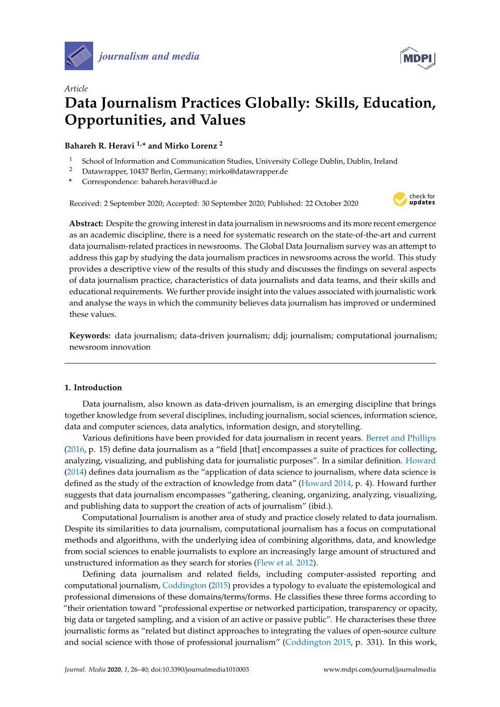 Data Journalism Practices Globally: Skills, Education, Opportunities, and Values