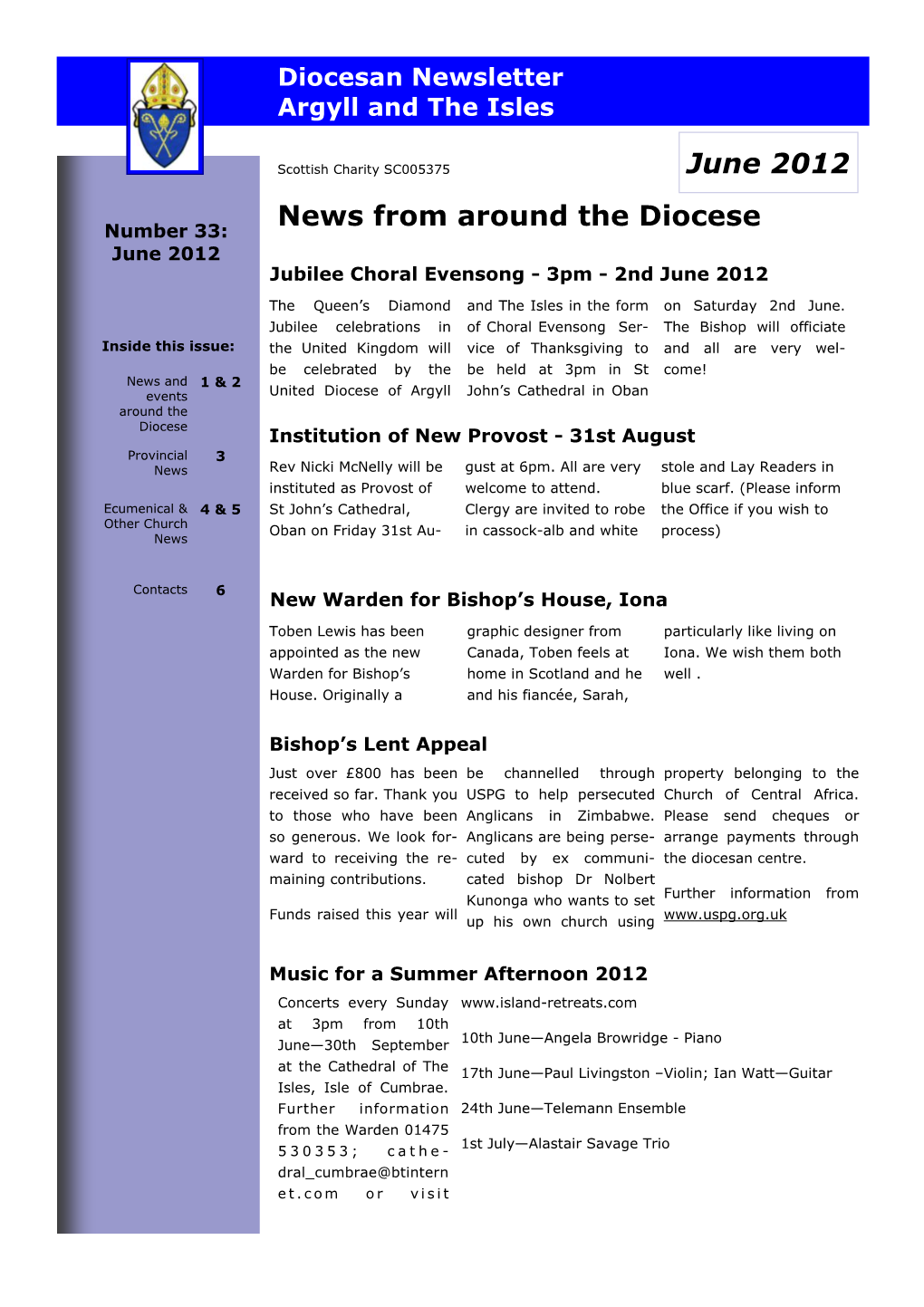 June 2012 News from Around the Diocese Number 33: June 2012 Jubilee Choral Evensong - 3Pm - 2Nd June 2012