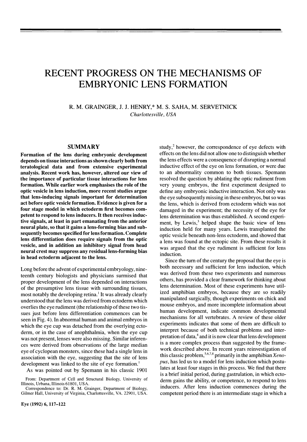 Recent Progress on the Mechanisms of Embryonic Lens Formation