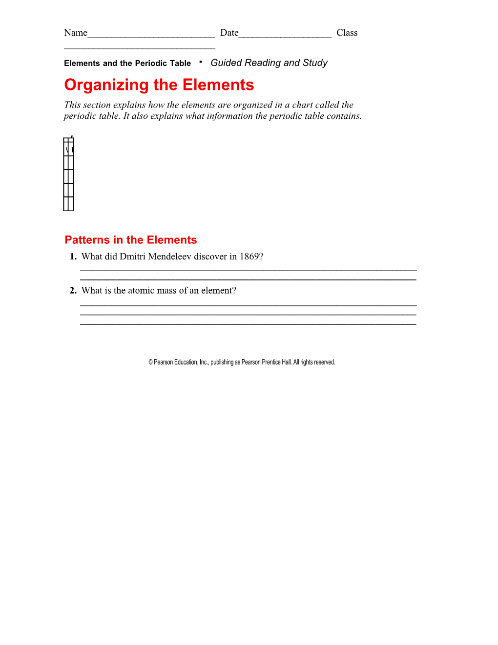 Elements and the Periodic Table Guided Reading and Study