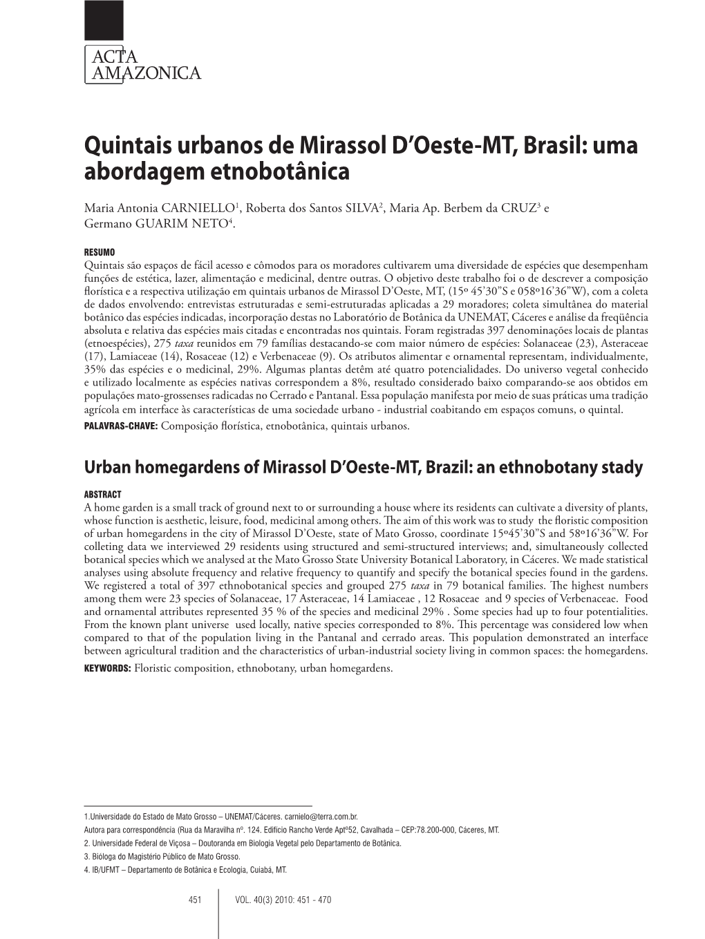 Quintais Urbanos De Mirassol D'oeste-MT, Brasil