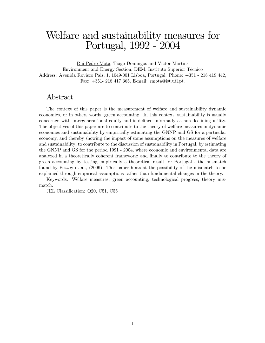 Welfare and Sustainability Measures for Portugal, 1992 ' 2004