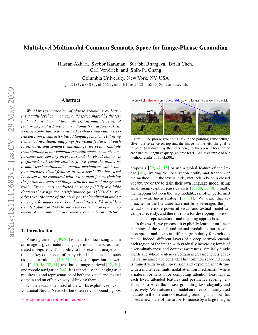 Arxiv:1811.11683V2 [Cs.CV] 29 May 2019 Phrase Grounding [39, 32] Is the Task of Localizing Within Main