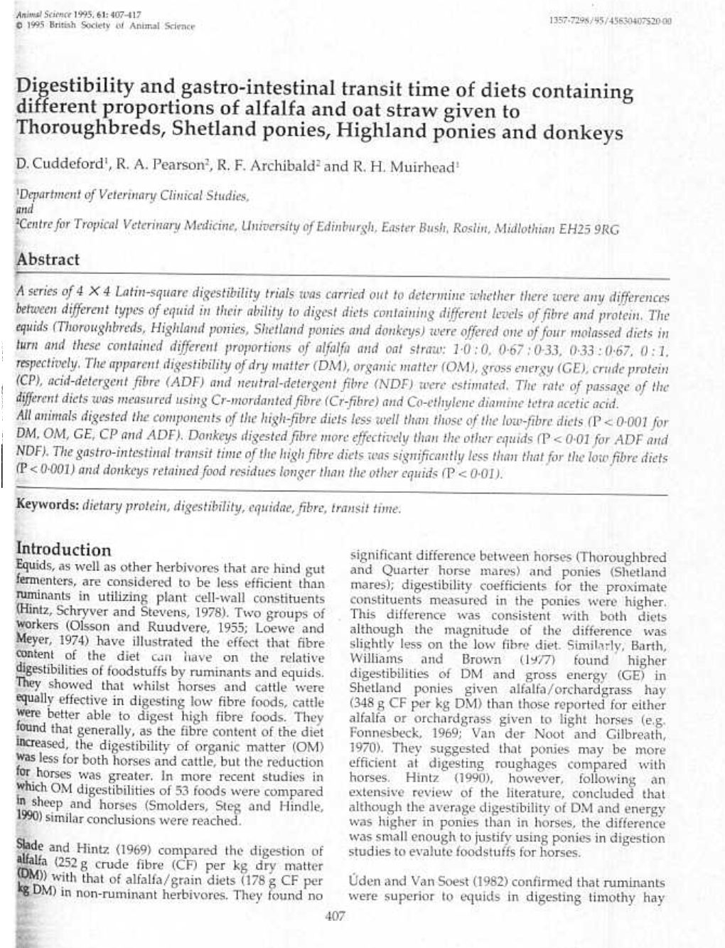 Digestibility and Gastro-Intestinal Transit Time of Diets